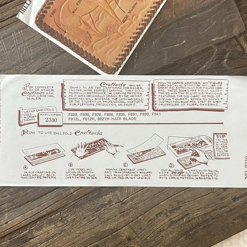 Lot of 6 Vintage Craftaid Leather Billfold Patterns Templates Woodland Western - Picture 9 of 9